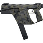 Camouflage-patterned compact firearm (submachine gun) with a black vertical magazine.
