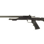 Semi-automatic rifle in profile with a long barrel, black receiver, and tan adjustable stock on a white background.