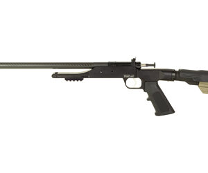 Semi-automatic rifle in profile with a long barrel, black receiver, and tan adjustable stock on a white background.