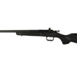 Side view of a black bolt-action rifle with a long barrel and synthetic stock.