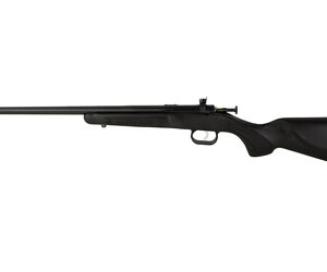 Side view of a black bolt-action rifle with a long barrel and synthetic stock.