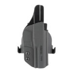 Gray and black tactical pistol holster shown from the side, with belt/clip attachments and retention screws.