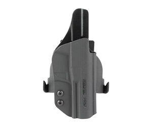 Gray and black tactical pistol holster shown from the side, with belt/clip attachments and retention screws.