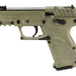 Tan compact semi-automatic handgun with a textured grip and accessory rail, shown in left profile.