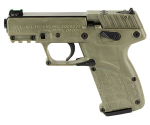 Tan compact semi-automatic handgun with a textured grip and accessory rail, shown in left profile.