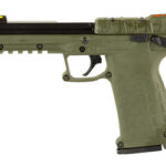 Green semi-automatic pistol with a textured grip and top accessory rail (side view).