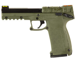 Green semi-automatic pistol with a textured grip and top accessory rail (side view).