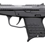 Black semi-automatic pistol with textured grip and safety near the trigger
