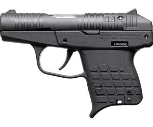 Black semi-automatic pistol with textured grip and safety near the trigger