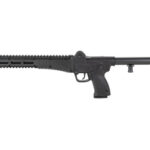 Black semi-automatic rifle with a long fore-end, pistol grip, and collapsible stock.