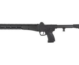 Black semi-automatic rifle with a long fore-end, pistol grip, and collapsible stock.