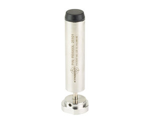 Vertical metal probe with a black cap, mounted on a circular metal base for lab measurements.