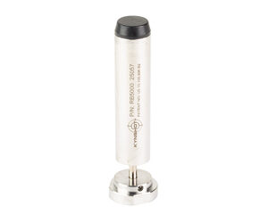White probe with a black cap, mounted on a metal base, used as a measurement sensor.