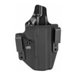 Black polymer handgun holster with two belt-clip mounts for outside-the-waistband use