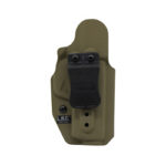 Tan/olive tactical pistol holster with a black retention strap and belt clip.