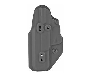 Gray polymer handgun holster shell with mounting holes and two retention screws