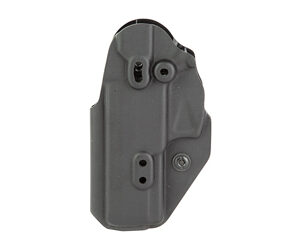 Gray polymer pistol holster with retention screws and mounting features