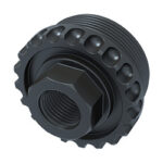Black knurled adjustment knob with a threaded interior and hexagonal opening for tightening or mounting