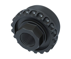 Black knurled adjustment knob with a threaded interior and hexagonal opening for tightening or mounting