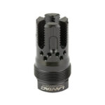 Black metal rifle muzzle brake with vented side ports and a threaded base.