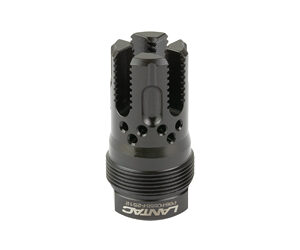 Black metal rifle muzzle brake with vented side ports and a threaded base.