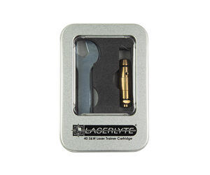 Metal rectangular case containing a 40W Laser Trainer Cartridge, with a small gold cartridge visible through a window.