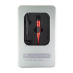 Metallic case opened to reveal a red laser pointer pen nestled in a black foam insert.