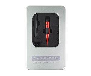 Metallic case opened to reveal a red laser pointer pen nestled in a black foam insert.