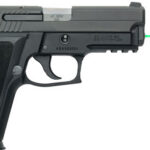 Black semi-automatic handgun with a textured grip and a green laser sight projecting from the muzzle area to the right.