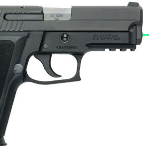 Black semi-automatic handgun with a textured grip and a green laser sight projecting from the muzzle area to the right.