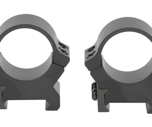 Pair of black rifle scope rings on a white background, used to secure a scope to a rifle rail.
