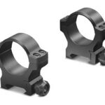 Two black rifle scope rings/mounts shown from different angles, used to attach a scope to a firearm vehicle.