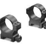 Pair of black scope rings with mounting bases and adjustment screws for a rifle scope. (Two clamp-on rings with knobs)