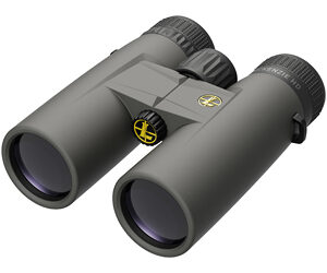 Gray binoculars with black eyepieces and a central hinge, shown at an angled front-right viewpoint.