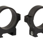 Pair of black rifle scope rings, shown side by side, used to mount a rifle scope.