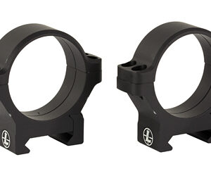 Pair of black rifle scope rings, shown side by side, used to mount a rifle scope.