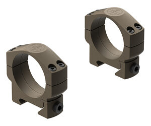 Pair of brown rifle scope rings mounting clamps, shown from angled views for optic attachment