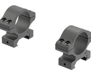 Pair of gray cylindrical rifle scope rings with mounting bases for rail attachment, viewed from the front.