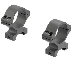 Pair of gray metal rifle scope rings with base mounts, viewed at an angle.