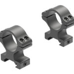 Pair of gray rifle scope rings with base mounts, shown from an angled perspective for attaching a scope.