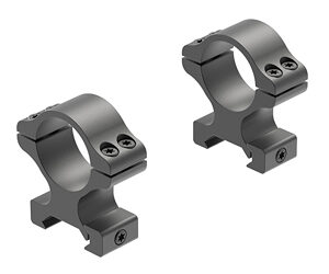 Pair of gray rifle scope rings with base mounts, shown from an angled perspective for attaching a scope.