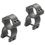 Two gray metal scope rings (rifle scope mounts) used to attach a scope to a rifle.