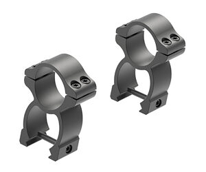 Two gray metal scope rings (rifle scope mounts) used to attach a scope to a rifle.