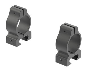 Two gray metal rifle scope rings/clamps (scope mounts) shown from an angled perspective.