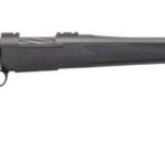 Bolt-action rifle shown in profile with a black synthetic stock and long rifled barrel, suitable for hunting or target shooting.
