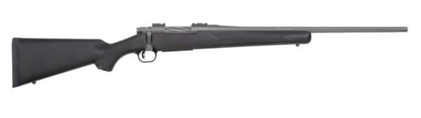 Bolt-action rifle shown in profile with a black synthetic stock and long rifled barrel, suitable for hunting or target shooting.