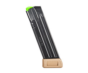 Black handgun magazine with a green follower perched in a small wooden display stand.