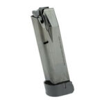 Metal handgun magazine with a black plastic baseplate, used to feed ammunition into a semi-automatic pistol.