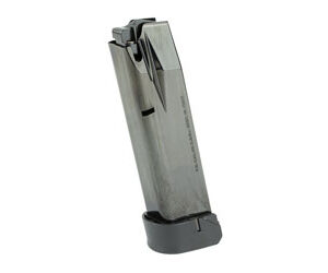 Metal handgun magazine with a black plastic baseplate, used to feed ammunition into a semi-automatic pistol.