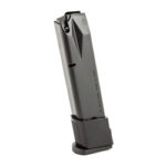 Detachable handgun magazine with a base plate, standing upright.